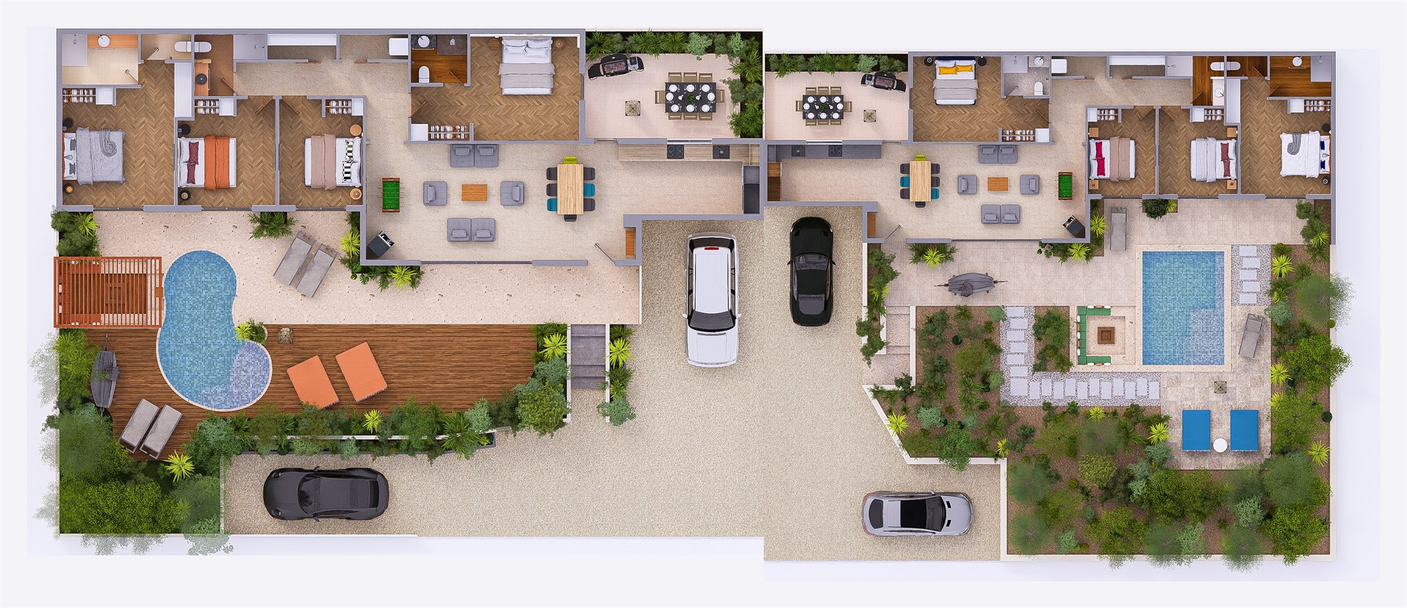 Plan 3D vu du dessus du domaine : villa Oasis à gauche et villa Nirvana à droite, mitoyennes par les stationnements, chacune avec sa piscine chauffée