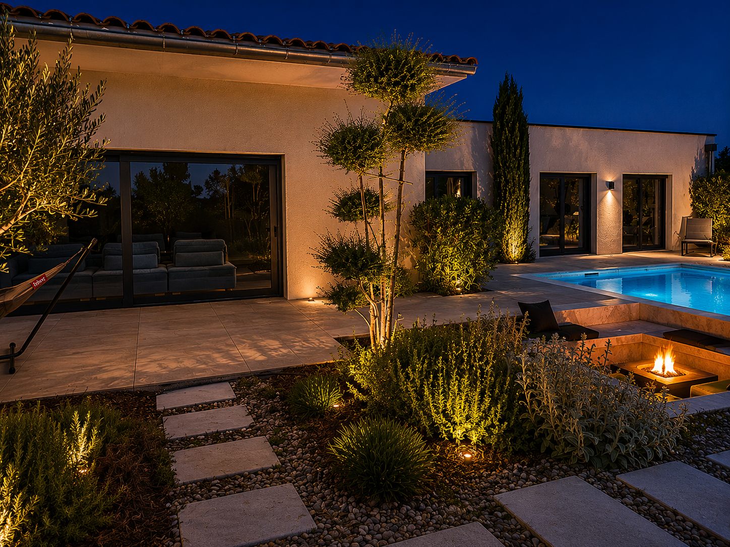 Villa Nirvana — salon extérieur au crépuscule
