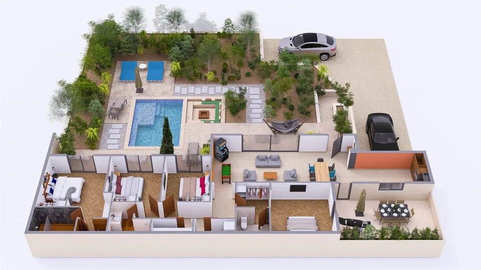 Plan 3D de la Villa Nirvana — jardin et piscine vus du dessus