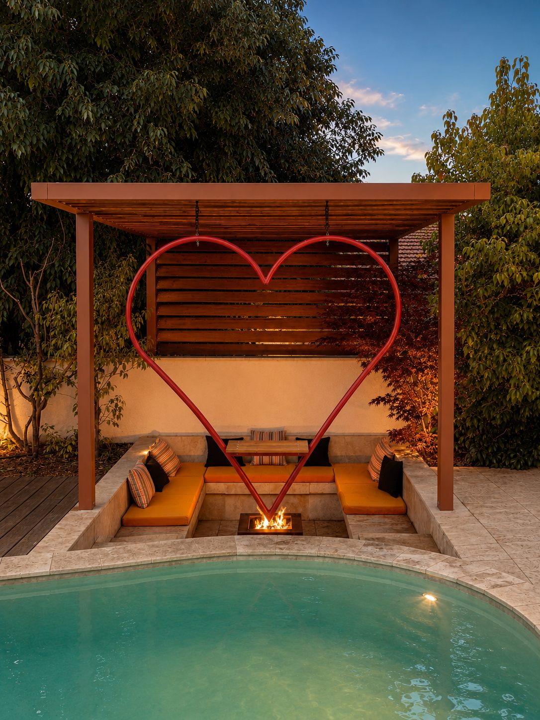Villa Oasis — salon brasero au crépuscule